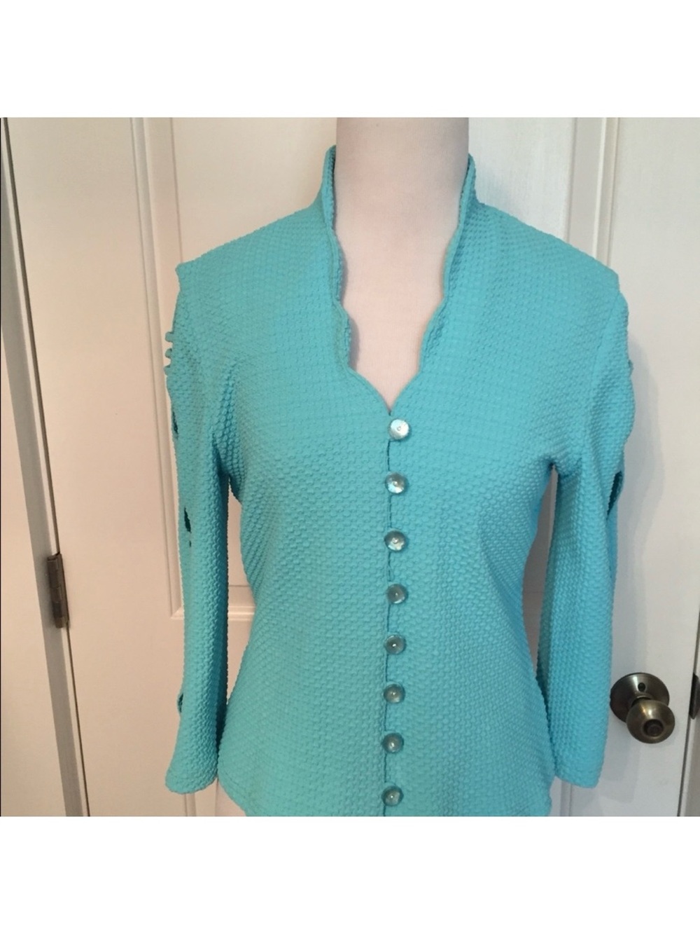 JOSEPH RIBKOFF TOP KNIT CARDIGAN TURQUOISE BLUE CUT OUT SLEEVES Size 8 S Fit